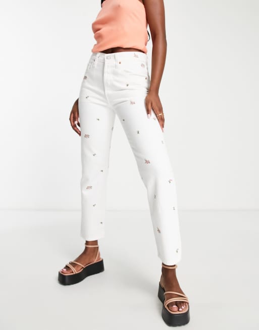 Levi's 501 floral straight crop jeans in white