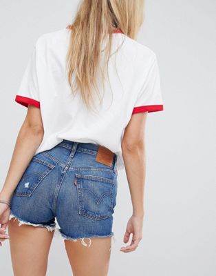 levi's 501 high rise short with raw hem and rips