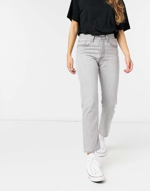 Levi's 501 high rise straight leg crop jeans in light grey | ASOS