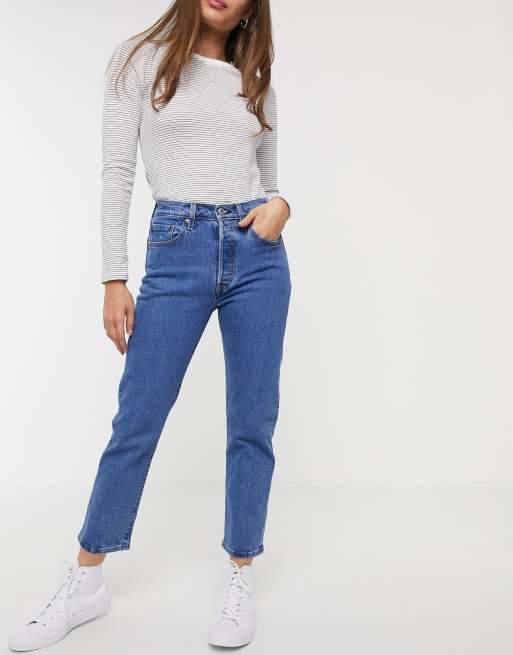 Levi's 501 high rise straight leg crop jeans in mid wash blue