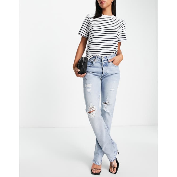 Levi's 501 high waisted straight distressed jeans in light wash