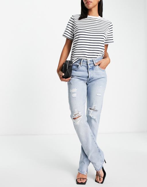 Levi s 501 high waisted straight distressed jeans in light wash blue