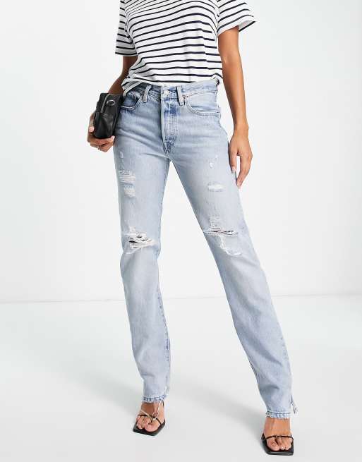 Levi s 501 high waisted straight distressed jeans in light wash blue