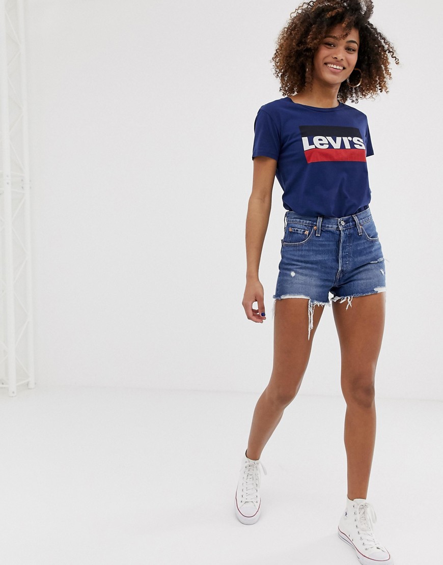 Levi's 501 højtaljede shorts med rå kantsøm og flænger-Blå