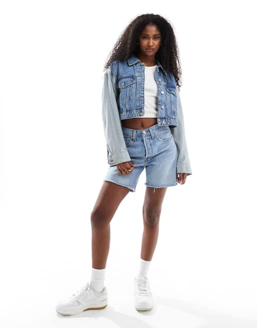 Levi's 501 mid thigh low waisted denim shorts in mid blue