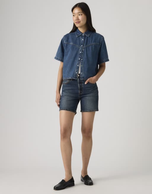 Levi's 501 mid thigh shorts in blue, 3 of 4
