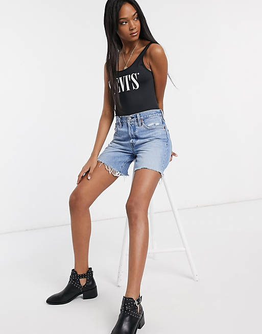 Levi's 501 mid thigh shorts in midwash blue | ASOS