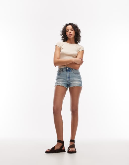 Levi's 501 original denim shorts with rips in light blue, 5 of 5