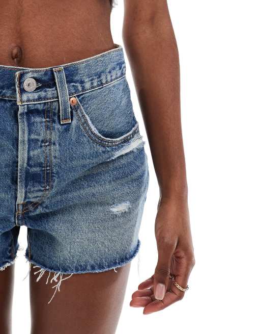 Levi's 501 original distressed shorts in mid wash blue ASOS