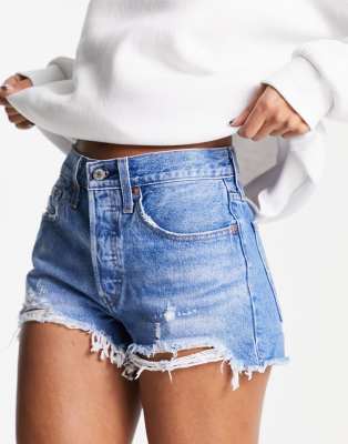 Levi's 501 Original High Rise Medium Wash Distressed Denim Shorts In Blue