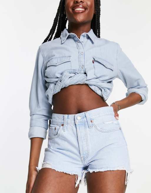 501 Light Stone Wash High Rise Distressed Denim Shorts