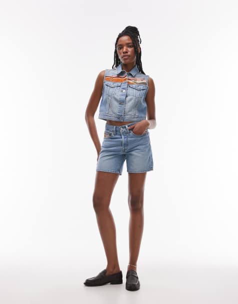 Levi's - 501 - Short mi-long en jean d'ensemble style western à broderie désert - Bleu clair - view 1