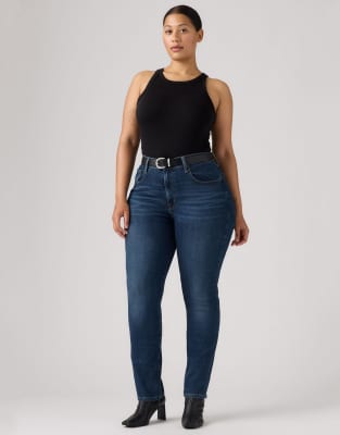 Gerade geschnittene Jeans in blauer Waschung mit hohem Bund-Marineblau Marineblau W27 L30
