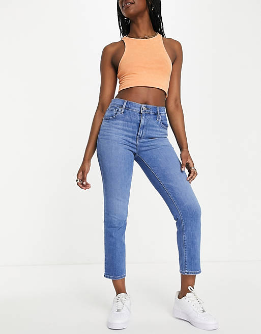 Levi's 724 high-rise straight leg crop jeans in mid wash blue | ASOS