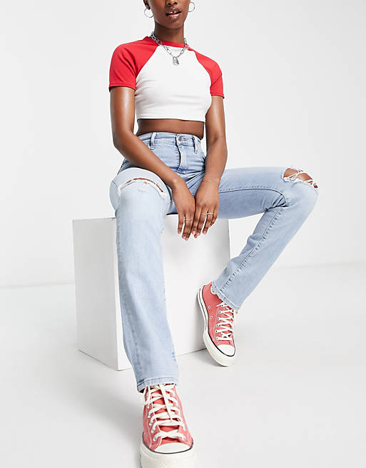 Levi's 724 high waisted straight jeans in light wash blue | ASOS