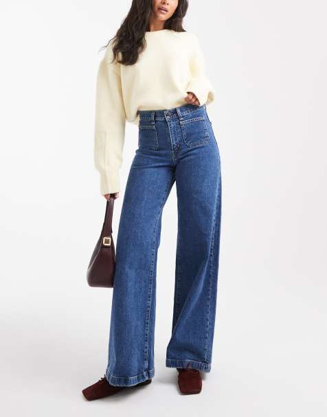 Levi's 728 high rise tailored stretch wide leg jeans in mid blue - view 1
