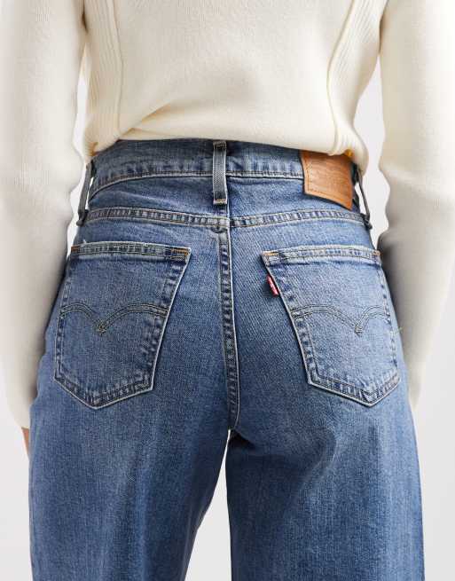 Levi's 728 high rise wide leg jeans in mid blue, 4 of 5