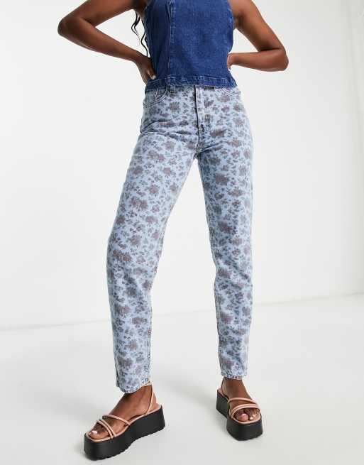 Blue Floral Print Mom Jeans