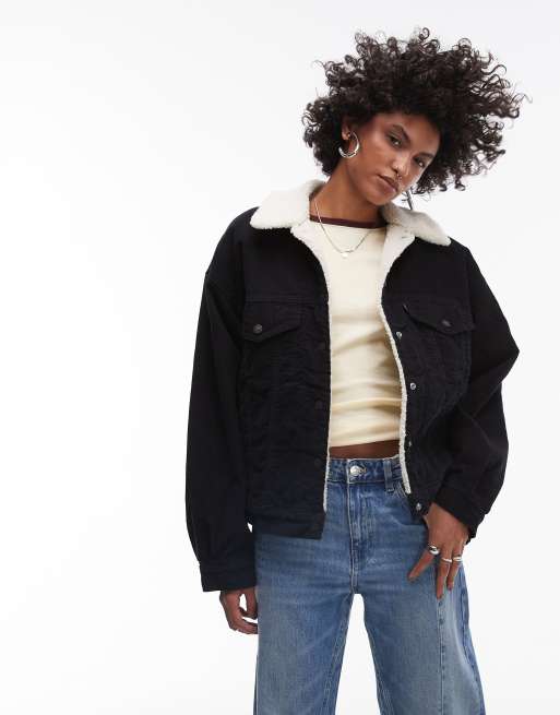 Black denim jacket with sherpa lining best sale