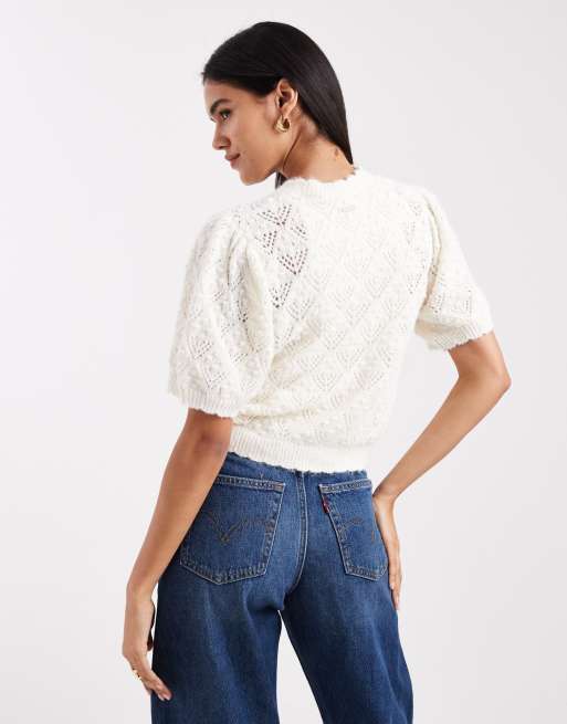 Levi's - Ajourgebreid vest met korte mouwen in crème, 2 van 4