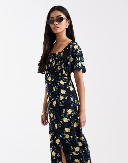 Levi's Amara flutter sleeve midi dresswith floral print in black, 2 of 4