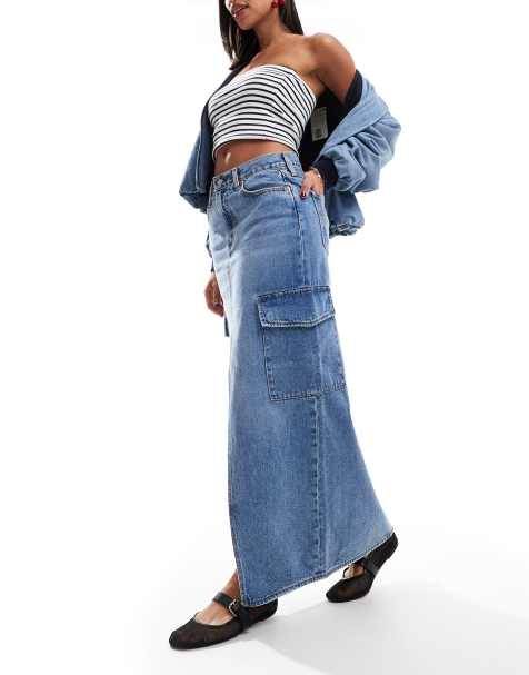 Levi's ankle column cargo denim skirt in mid blue - view 1