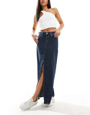 ankle column stripe denim skirt in dark blue-Navy