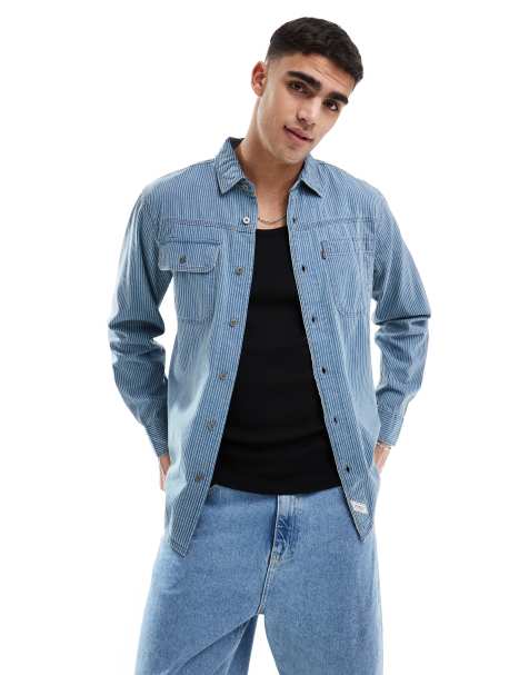 Levi's Auburn worker indigo cotton twill stripe shirt in mid blue - view 1
