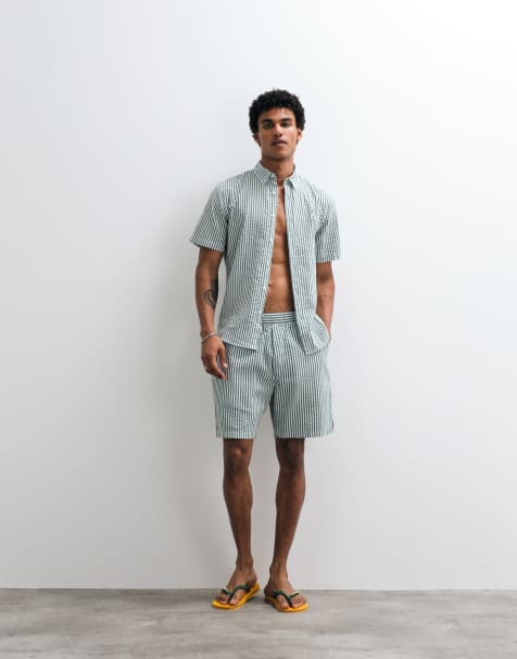 Levi's - Authentic - Co-ord set van gestreept overhemd met korte mouwen en short in groen - view 1
