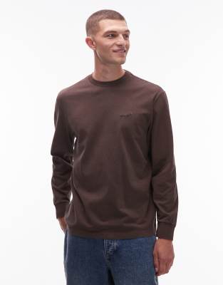 Authentic - Stückgefärbtes, langärmliges T-Shirt in Braun mit Logo-Brown Brown L