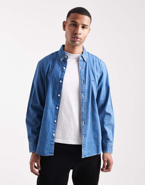 Levi's authentic tonal logo button down denim shirt relaxed fit in mid wash - view 1