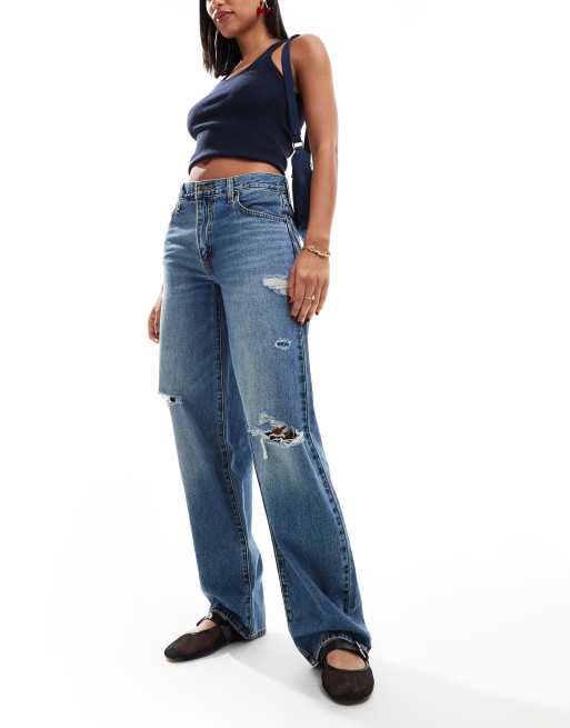 Levi's baggy dad distressed jeans in mid blue