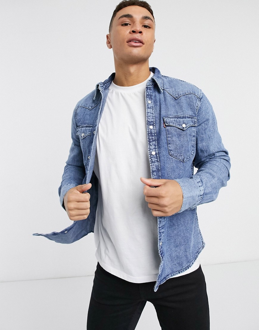 Levi's – Barstow – Stentvättad mellanblå jeansskjorta i cowboystil med normal passform