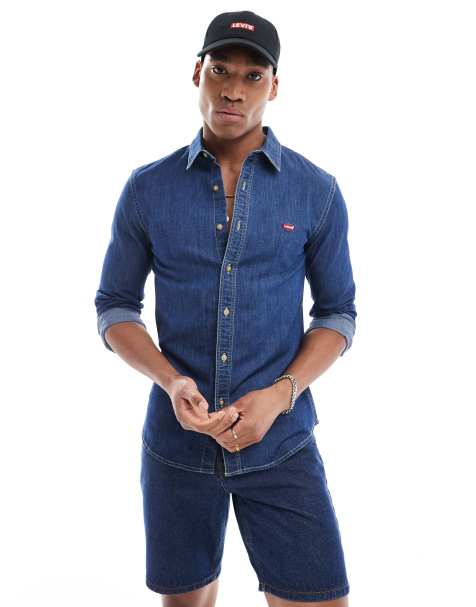 Levi's Battery batwing logo slim fit chambray denim shirt in mid blue - view 1