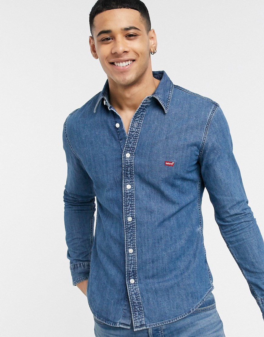 Levi's Battery batwing logo slim fit denim shirt in redcast stone mid wash-Blue