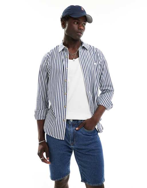 Levi's - Battery - Gestreept poplin overhemd met vleermuislogo en knoopsluiting in marineblauw/wit
