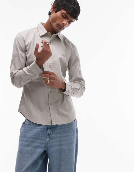 Levi's battery logo slim fit stretch poplin shirt in gray