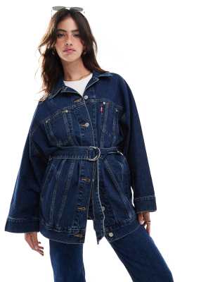 belted dolman oversized denim trucker in dark blue-Navy