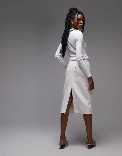 Levi's high rise midi skirt with back slit in white