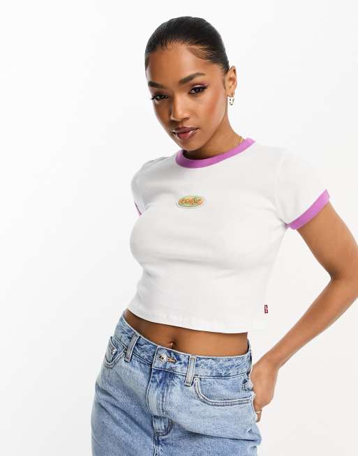 Levi's – Biało-fioletowy krótki T-shirt z logo na piersi i lamówką