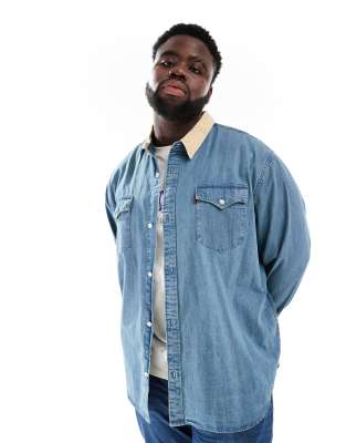 Levi's Levi's Big & Tall contrast collar relaxed fit western denim shirt in mid blue