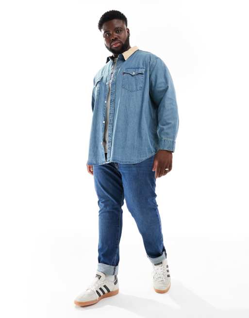 Levi s Big Tall contrast collar relaxed fit western denim shirt in mid blue ASOS
