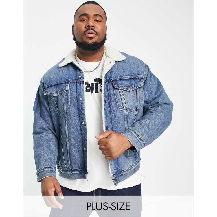 Levi s Big Tall sherpa denim trucker jacket in mid blue wash ASOS