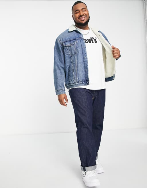 Levi s Big Tall sherpa denim trucker jacket in mid blue wash