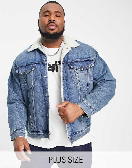 Levi's - Big & Tall - Sherpa denim truckerjack in middenblauwe wassing