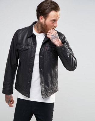 levi's black leather trucker jacket