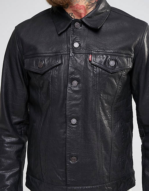 Elegance Mesterskab Fængsling Levi's Black Leather Trucker Jacket | ASOS