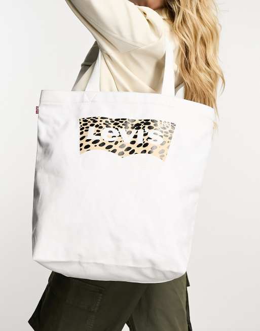 Levi's - Borsa shopping color crema con stampa leopardata del logo batwing