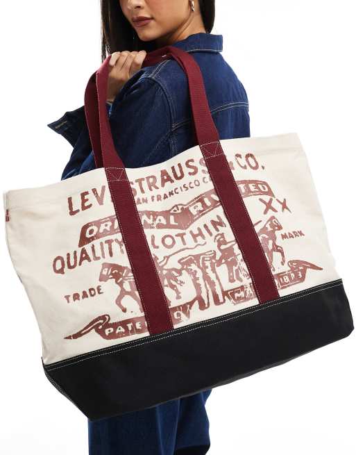 Levi's - Borsa shopping color crema e rossa con logo grande