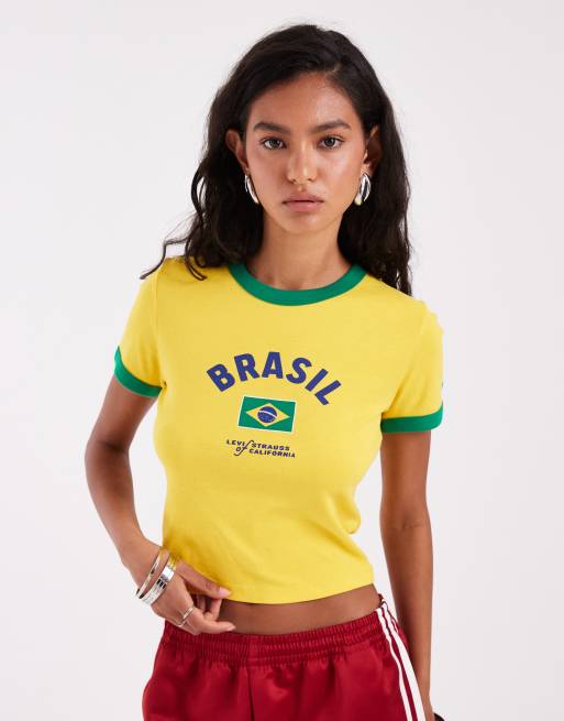 Levi's - Brasil - T-shirt mini gialla con bordi a contrasto, 3 di 4